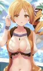 arm_up bad_id bad_pixiv_id bikini blonde_hair blush breasts cleavage cloud collarbone curvaceous curvy curvy_body curvy_female curvy_figure drill_hair female flower hair_flower hair_ornament hair_ribbon highres human human_only jewelry large_breasts long_hair looking_at_viewer magia_record:_mahou_shoujo_madoka_magica_gaiden mahou_shoujo_madoka_magica mami_tomoe navel open_clothes open_mouth open_vest palm_tree ribbon ring rock side_drill sky solo solo_female standing suzugahama swimsuit tomoe_mami tree upper_body vest water white_bikini wristband yellow_eyes yellow_vest