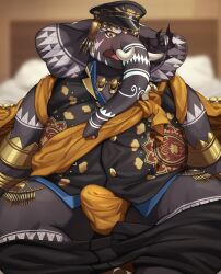 2023 absurd_res anthro belly big_belly black_body bottomwear bottomwear_down bulge clothed clothing elephant elephantid girimekra_(tokyo_afterschool_summoners) hat headgear headwear hi_res huge_filesize kemono lifewonders male male_only mammal overweight overweight_male pants pants_down partially_clothed proboscidean sitting solo tokyo_afterschool_summoners underwear yed