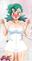 1girls abs artist_name big_breasts blush brown_eyes cleavage female game_freak green_hair hourglass_figure looking_at_viewer officer_jenny_(pokemon) pk-studios pokemon pokemon_rgby thick_thighs towel towel_only