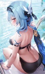 1girls ass ass_cleavage big_ass big_breasts bikini blue_eyes blue_hair breasts butt_crack eula_(genshin_impact) fantongjun flustered from_behind genshin_impact hi_res huge_ass jewelry looking_at_viewer pool solo solo_female swimwear