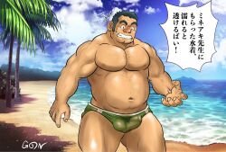 1boy abs arm_hair avarga_(tokyo_afterschool_summoners) bara beach belly blush bulge chest_hair cloud cloudy_sky covered_penis covered_testicles embarrassed erection erection_under_clothes facial_hair feet_out_of_frame gon_(gontaku) green_male_swimwear hairy large_pectorals long_sideburns male male_focus male_only male_swimwear mature_male muscular muscular_male navel nipples official_alternate_costume old old_man palm_tree pectorals plump see-through short_hair sideburns sky solo standing stomach stubble swim_briefs thick_thighs thighs tokyo_afterschool_summoners topless_male tree wet_male_swimwear