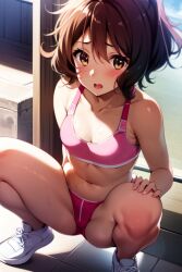 ai_generated gym_uniform hibike!_euphonium looking_at_viewer open_mouth oumae_kumiko squatting