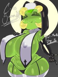 1girls armwear big_breasts blonde_hair breasts closed_eyes clothing cross_samax female female_only garter_belt garter_straps gem_(species) green_skin huge_breasts nipple_bulge nun nun's_habit panties peridot_(steven_universe) shortstack smile solo steven_universe thick_thighs thighhighs wide_hips