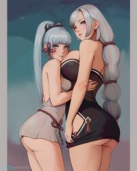 2girls ass blue_eyes breast_size_difference breasts curvy dress female female_only genshin_impact hug huge_breasts kamisato_ayaka looking_at_viewer milf np24art shenhe_(genshin_impact) small_breasts voluptuous white_hair