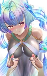 1girls ahoge aqua_hair bangs bare_shoulders bare_thighs blue_hair blush breasts collarbone female female_only fire_emblem fire_emblem_heroes flashing large_breasts looking_at_viewer matoimangekyo multicolored_eyes multicolored_hair nintendo nipples open_mouth pink_eyes presenting purple_hair seidr_(fire_emblem) short_hair shoulders solo thighs torn_clothes undressing yellow_eyes