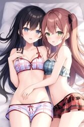 2girls ai_generated black_hair blue_eyes blush bow boxers boxers_(clothing) brown_hair covering_belly crotch_lines cuddle cuddles cuddling female female_only green_eyes half_updo hand_on_breast happy happy_female happy_girl in_bed low_cut_bottom low_rise plaid_bra plaid_clothing plaid_skirt sleeping_together yuri