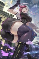 1girls ass big_ass big_breasts boots breasts emma_bessho female female_only gloves hoverboard kazo purple_eyes purple_hair smile socks solo stockings two_tone_hair voluptuous white_hair yu-gi-oh! yu-gi-oh!_vrains