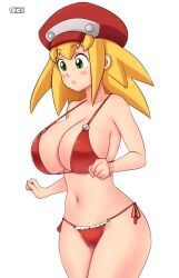 1girls 2023 ass big_ass big_breasts bikini blonde_hair breasts female female_only green_eyes gummslime hi_res highres huge_breasts mega_man mega_man_legends red_bikini roll_caskett thick thick_thighs wide_hips