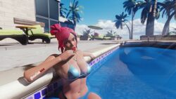 1girls 3d beach_chair big_breasts bikini bikini_bottom bikini_top blender blue_bikini bra breasts chair cleavage dark-skinned_female dark_skin detailed_background female female_focus female_only fortnite ghoulishxxx licking_lollipop lolipop looking_at_viewer looking_to_the_side ocean_(fortnite) outdoors outside palm_tree panties pink_hair pool pose posing presenting presenting_breasts solo solo_female solo_focus standing sun sunlight sweat sweatdrop tan_body tan_skin tanline tree trees water watermark widescreen