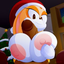 areolae big_breasts chao_(sonic) chocola_the_chao christmas_tree cream_the_rabbit female gloves huge_breasts huge_cock paizuri partial_male santa_costume santa_hat slickehedge smug_face sonic_(series) sonic_the_hedgehog_(series) tagme