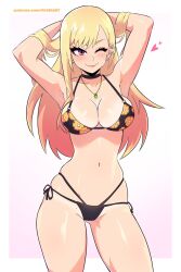 1girls bikini bikini_bottom bikini_top blonde_hair blush breasts dashi_art dyed_hair kitagawa_marin necklace pierced_ears pink_eyes sono_bisque_doll_wa_koi_wo_suru