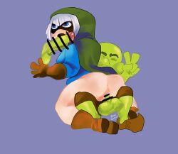 1boy 2boys anus balls bandit_(clash_royale) big_balls bone_deker bottomless bottomless_female censored censored_penis clash_(series) clash_royale clothed clothed_female clothed_male clothing female fully_clothed fully_clothed_male goblin goblin_(clash_royale) goblin_male green_skin looking_up male mask masked masked_female peace_sign penis_out pussy sex tagme vaginal_penetration