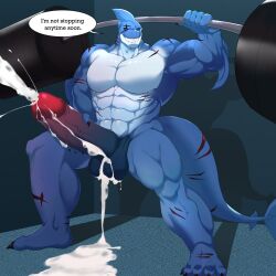 1:1 abs absurd_res anthro balls biceps big_penis bodily_fluids chazer_n cum english_text erection exercise fish gay genital_fluids genitals hi_res humanoid_genitalia humanoid_penis lyga male male_only marine masturbation muscular muscular_anthro muscular_male nude pecs penile penile_masturbation penis shark solo text vein veiny_penis weightlifting weights workout