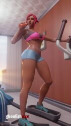 1girls 3d athletic athletic_female big_breasts blender bottle breasts clothed clothing curvy curvy_body curvy_female curvy_figure dark-skinned_female dark_skin detailed_background female female_focus female_only fortnite ghoulishxxx gym_shorts looking_at_viewer ocean_(fortnite) pink_hair room shirt shoes solo solo_female solo_focus standing sun sunlight sunlight_rays sweat sweatdrop tank_top thick_thighs underboob water_bottle watermark workout workout_clothes