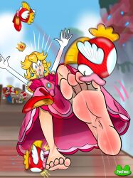 1girls 2boys 5_toes artist_logo background background_character blonde_hair cheep_cheep crown deviantart feet female female_focus fish foot_fetish foot_focus foot_up heels heels_removed kissing lips male mario mario_(series) multiple_boys nintendo podfrog princess princess_peach shoes shoes_removed soles super_mario_bros. suprised suprised_look toad_(mario) toes watermark wooden_floor wooden_plank wooden_platform