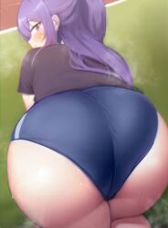 1girls big_ass blue_archive blush female female_only high_resolution highres light-skinned_female light_skin long_hair looking_at_viewer looking_back mochimooncurry purple_eyes purple_hair solo solo_female solo_focus sportswear steaming_body sweating thick_thighs yuuka_(blue_archive) yuuka_(gym_uniform)_(blue_archive)