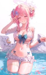 1girls belly_button blue_archive blush female female_only flowers_in_hair freng hair_ornament halo happy light-skinned_female light_skin mika_(blue_archive) pink_hair solo swimsuit tea_party_(blue_archive) trinity_general_school_student water white_swimsuit wings