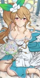 bouquet church cleavage clothed clothed_female cygames dragalia_lost elisanne female flower_in_hair flowers ippers large_breasts looking_at_viewer nintendo on_the_floor pink_eyes ponytail ribbon wedding_dress