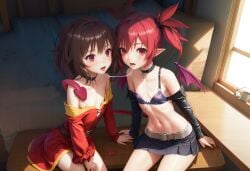 2girls ai_generated choker disgaea dress drool_string etna female female_only indoors innocent kono_subarashii_sekai_ni_shukufuku_wo! megumin microdress microskirt midriff navel pointy_ears red_eyes red_hair rockhardart saliva skirt stable_diffusion surprised wings yuri