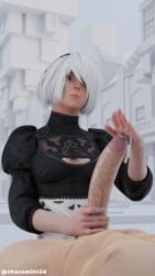 3d beauty_mark chocomint3d cum curved_cock curved_to_the_right_penis handjob huge_cock light-skinned_female light-skinned_male long_nails looking_down nier nier:_automata twitter_username watermark white_background white_hair yorha_2b