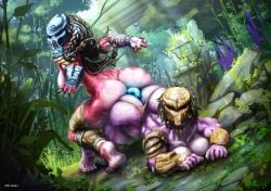 2girls armor ass ass_to_ass braided_hair double_dildo double_penetration female_yautja jewelry jungle looking_at_viewer multiple_girls muscles muscular_female owlskull6 predator_(franchise) predator_hunting_grounds purple_skin red_skin ruins thong thong_aside yautja yuri