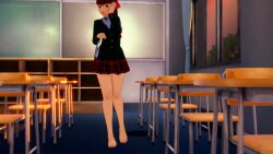 1girls 3d 3d_(artwork) bangs bare_legs barefoot black_shirt breasts classroom effineffer female female_focus hair_ornament hair_ribbon kasumi_yoshizawa long_hair long_sleeves looking_at_viewer matching_hair_and_eye_color medium_breasts panties_removed pantsu persona persona_5 persona_5_royal ponytail red_eyes red_hair red_ribbon ribbon schoolgirl shirt smile sumire_yoshizawa sweat tied_hair underwear undressing