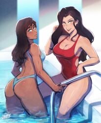 2girls absurd_res alluring alternate_breast_size amon arched_back artist_name artist_signature asami_sato ass athletic athletic_female avatar_legends bare_back bare_legs bare_shoulders big_ass big_breasts bikini black_hair blue_bikini blue_eyes blush breasts brown_hair bubble_butt chocolate_and_vanilla cleavage cute dark-skinned_female dark_skin duo female female_only female_protagonist fit_female green_eyes hair_down head_tilt hi_res highres iahfy indoor_pool indoors knee_deep korra large_breasts light-skinned_female lipstick long_hair looking_at_viewer looking_back looking_back_at_viewer nickelodeon one-piece_swimsuit pale_skin pinup pool posing railing red_bikini sitting smile standing stroking_hair swimming_pool swimsuit swimwear tanline tanlines the_avatar the_legend_of_korra thick_thighs thin_waist tomboy toned_female two_piece_swimsuit water water_tribe watermark