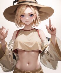 ai_generated beige_hair beige_skin belly_button blonde_female blonde_hair blue_eyes clawing cute earring girly hat human looking_at_viewer nail_polish original_character pointing pointy_hat short_hair slim smirk stable_diffusion underboob wide_eyed