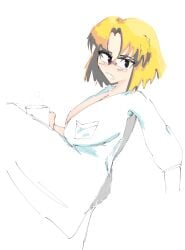 1girls blonde_hair blush blush_lines coffee coffee_mug female female_only heat huge_breasts itsjustleaf lipstick looking_at_viewer neon_genesis_evangelion ritsuko_akagi sagging_breasts sitting sitting_on_chair sketch solo