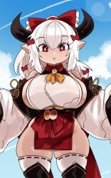 1girls :o big_breasts breasts draph draph_race_(granblue_fantasy) female granblue_fantasy horns large_breasts light-skinned_female light_skin long_hair long_sleeves looking_at_viewer original original_character pointy_ears red_eyes reimu_hakurei_(cosplay) shortstack thick_thighs white_hair wide_hips zanamaoria