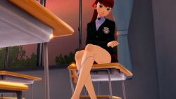 1girls 3d 3d_(artwork) bangs bare_legs barefoot black_shirt breasts classroom effineffer female female_focus hair_ornament hair_ribbon kasumi_yoshizawa long_hair long_sleeves looking_at_viewer matching_hair_and_eye_color medium_breasts panties_around_one_leg panties_down pantsu persona persona_5 persona_5_royal ponytail red_eyes red_hair red_ribbon ribbon schoolgirl shirt smile sumire_yoshizawa sweat tied_hair underwear undressing