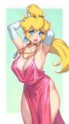 1girls 2023 2d armpits arms_behind_head arms_up blonde_hair blue_eyes breasts cleavage clothing dress female female_focus female_only hi_res huge_breasts jewelry large_breasts long_hair long_ponytail mario_(series) mole mole_on_breast naughty_face necklace nintendo no_bra no_panties pink_dress ponytail princess_peach revealing_clothes rizdraws simple_background slim_waist solo standing thick_lips thick_thighs wide_hips