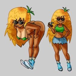 2023 bent_over bikini blonde_hair bulka_qwq coconut coconut_drink crop_top female fruit_humanoid full_body gijinka green_eyes hand_on_hip holding_beverage holding_object jean_skirt long_hair looking_at_viewer looking_over_eyewear looking_over_glasses looking_over_sunglasses miniskirt multiple_images noseless pineapple pineapple_toppin pizza_tower pseudo_hair sneakers socks solo standing sunglasses tan_skin tank_top tanline tinted_eyewear toppin_gals toppin_gals_minus8 torn_clothes