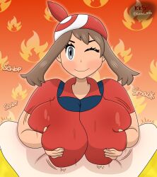 1boy 1girls alolanfirestone alternate_breast_size bandana big_breasts breast_grab breast_hold breast_squeeze breast_squish breasts brown_hair color english_text happy happy_paizuri happy_sex huge_breasts large_breasts looking_at_viewer may_(pokemon) one_eye_closed paizuri paizuri_lead_by_female paizuri_on_lap pokemon pokemon_rse pov pov_eye_contact smile straight text wink