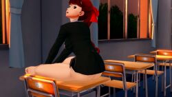 1girls 3d 3d_(artwork) bangs bare_legs barefoot black_shirt bottomless breasts classroom effineffer female female_focus hair_ornament hair_ribbon kasumi_yoshizawa long_hair long_sleeves looking_at_viewer matching_hair_and_eye_color medium_breasts panties_removed pantsu persona persona_5 persona_5_royal ponytail red_eyes red_hair red_ribbon ribbon schoolgirl shirt smile sumire_yoshizawa sweat tied_hair underwear undressing