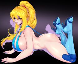 1girls ass bent_legs big_breasts blonde_hair blue_eyes blush female female_only gabriela_gogonea heel_boots heels long_hair looking_at_viewer lying lying_on_stomach metroid narrowed_eyes nintendo nipple_bulge ponytail samus_aran side_view sling_bikini smiling smiling_at_viewer solo very_high_resolution zy-sama