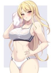 bang_dream! blonde_hair blush brown_eyes buruma collarbone commission commissioner_upload cowboy_shot female holding holding_towel kirigaya_touko long_hair micro_shorts nanao_(naoekaki25) navel shorts skeb_commission solo sports_bra steam stomach sweat towel track_and_field track_uniform transparent white_shorts white_sports_bra wiping_sweat