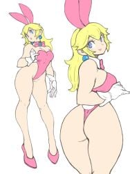 1girls animal_ears ass bare_legs big_ass breasts bunny_ears bunny_girl bunnysuit fake_animal_ears female female_only leotard mario_(series) multiple_views princess_peach simple_background solo standing toshinoshin00 white_background