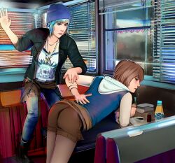 2girls 3d ai_generated arm_behind_head ass bent_over blender blue_hair brown_hair chloe_price clothed diner discipline dominant_female dyed_hair female female/female female_only femdom fully_clothed hoodie indoors kinkblink legs life_is_strange looking_back max_caulfield multiple_girls punishment punk short_hair shorts slapping_butt spanked_butt spanking square_enix stable_diffusion submissive table video_games yuri