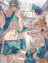 abs aether_(genshin_impact) alhaitham_(genshin_impact) angry blush cuppydraws cute_male erection erection_under_clothes gay genshin_impact kaveh_(genshin_impact) male nahida_(genshin_impact) penis_bulge scaramouche_(genshin_impact) sweat sweating sweaty sweaty_body yaoi