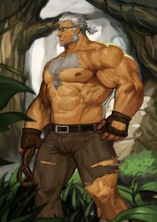 bara bulge chest_hair facial_hair fingerless_gloves glasses gloves live-a-hero male male_only marfik_(live_a_hero) muscles muscular ripped_clothing shirtless solo solo_male traver009 white_hair