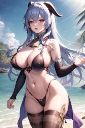 1girls ai_generated armwear bangs beach big_breasts bikini blue_hair blue_sky blush breasts brown_bikini brown_stockings clothed clothing cloud clouds cowbell curvaceous curvy_body curvy_female curvy_figure embarrassed erect_nipples erect_nipples_under_clothes eyebrows_visible_through_hair female ganyu_(genshin_impact) genshin_impact goat_humanoid high_resolution hips huge_breasts human legwear light-skinned_female light_blue_hair light_skin lingerie long_hair looking_at_viewer midriff mihoyo navel nipple_bulge not_furry not_furry_focus ocean one_hand_up open_mouth palm_tree purple_eyes rocks seductive_look small_bikini solo solo_female stable_diffusion stockings stomach sun sunlight sweat sweaty_body thick_thighs water water_on_body wide_hips