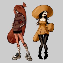 2023 2girls angry ankle_boots bandaid bandaid_on_knee black_hair blush blush_lines brown_clothing brown_hair brown_skin bulka_qwq cleavage duo female female_only food_humanoid full_body gijinka gym_shorts hand_in_pocket hat high_collar jacket long_hair long_sleeves mouthless mushroom mushroom_girl mushroom_humanoid mushroom_toppin noseless off_shoulder oversized_sleeves pizza_tower pseudo_hair sausage sausage_toppin sneakers socks tights toppin_gals toppin_gals_minus8