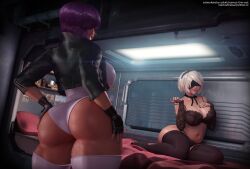 2girls 3d beauty_mark bed bedroom big_ass big_breasts blindfold blush collar come_hither crossover female female_only fingerless_gloves ghost_in_the_shell gloves huge_ass imminent_sex kusanagi_motoko mostly_nude muscular muscular_female muscular_thighs nail_polish nier nier:_automata nier_(series) purple_hair rasmus-the-owl stockings thick_thighs white_hair wide_hips yorha_2b yuri