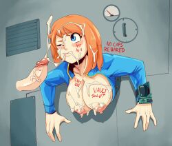 blue_eyes blush body_writing box_chan breasts breasts_out cum cum_on_breasts cum_on_face cum_on_hair facial fallout fallout_(series) free_use fringe ginger nipples one_eye_closed orange_hair original_character pale-skinned_female penis pip-boy public_use stuck stuck_in_wall through_wall vault_girl vault_suit