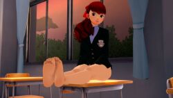 1girls 3d 3d_(artwork) bangs bare_legs barefoot black_shirt breasts classroom effineffer female female_focus hair_ornament hair_ribbon kasumi_yoshizawa long_hair long_sleeves looking_at_viewer matching_hair_and_eye_color medium_breasts panties_removed pantsu persona persona_5 persona_5_royal ponytail red_eyes red_hair red_ribbon ribbon schoolgirl shirt smile sumire_yoshizawa sweat tied_hair underwear undressing