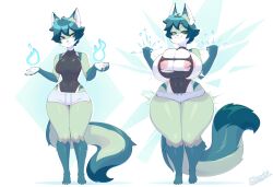 1girls anthro areolae big_breasts breasts commission expansion female female_only fox_ears fox_tail furry hi_res nipples rheyare skecchiart smiling solo tail thick_thighs torn_clothes wide_hips