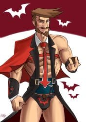 1boy abs bat beard brown_hair bulge facial_hair guilty_gear human jacky_black male male_nipples male_only male_pubic_hair manly mature_male monocle muscles muscular_male mustache pecs penis_bulge red_eyes slayer_(guilty_gear) solo vampire