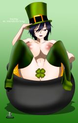 akinama_family_(noir-black-shooter) big_breasts censored coins dark_blue_hair gold gold_pot green_shoes hat high_heels huge_breasts milf naoki_akinama_(noir-black-shooter) noir-black-shooter nude oc original original_character purple_eyes short_hair st._patrick's_day