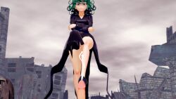 1boy 1girls 3d bare_legs cum cumming destruction dominant_male female green_hair looking_at_viewer looking_down male one-punch_man outside pov robotlover shoes stepped_on stepping_on_penis tatsumaki upskirt